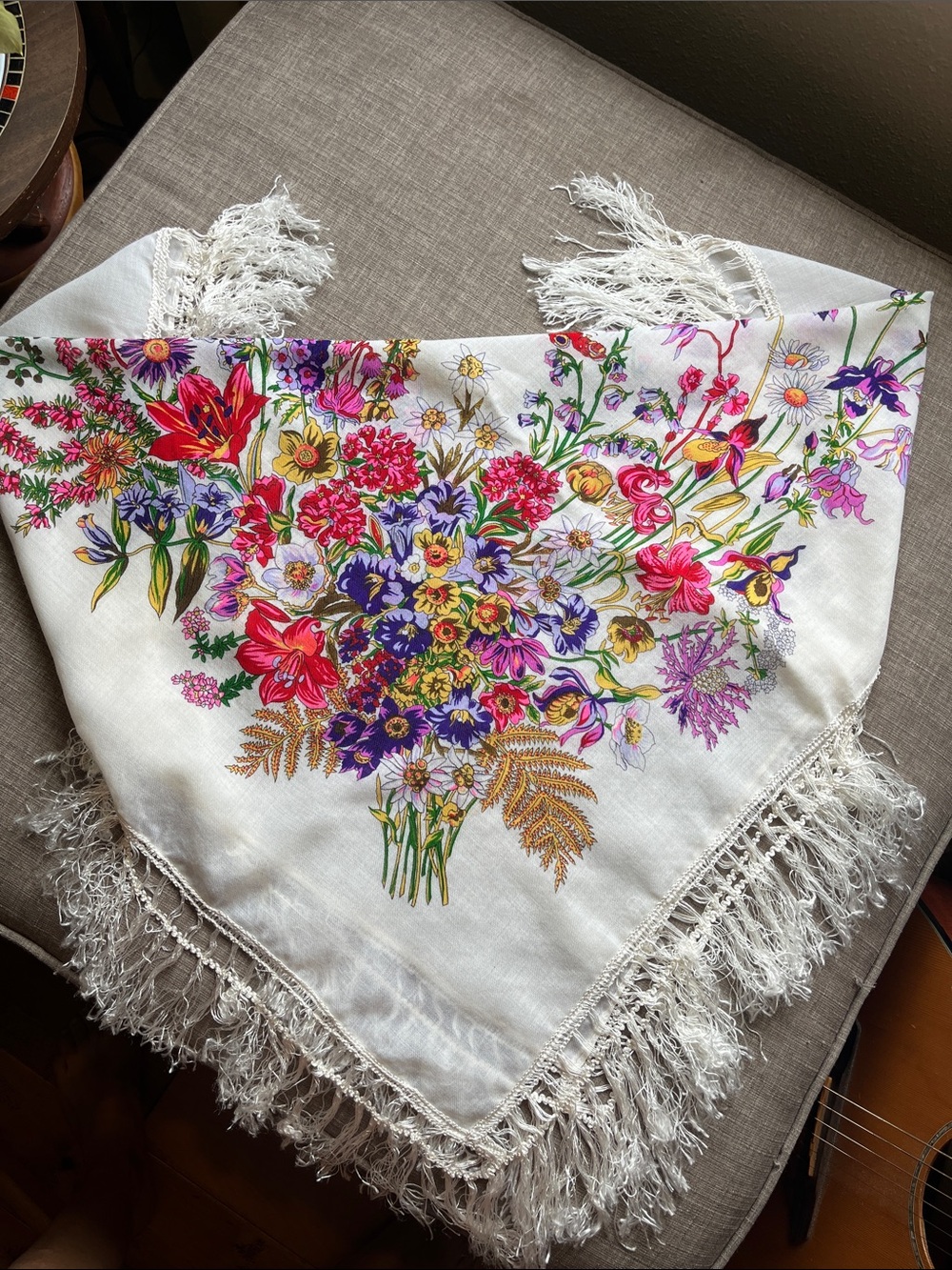 100% Wool Large Lightweight White Floral Scarf with Fringe